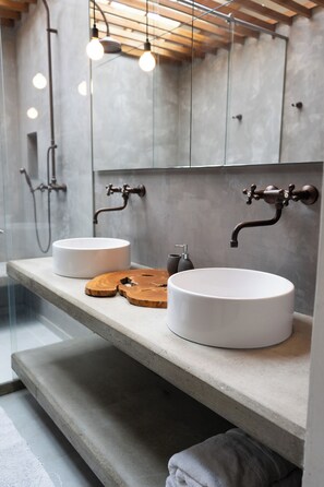 Shower, towels, soap, toilet paper