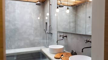 Shower, towels, soap, toilet paper