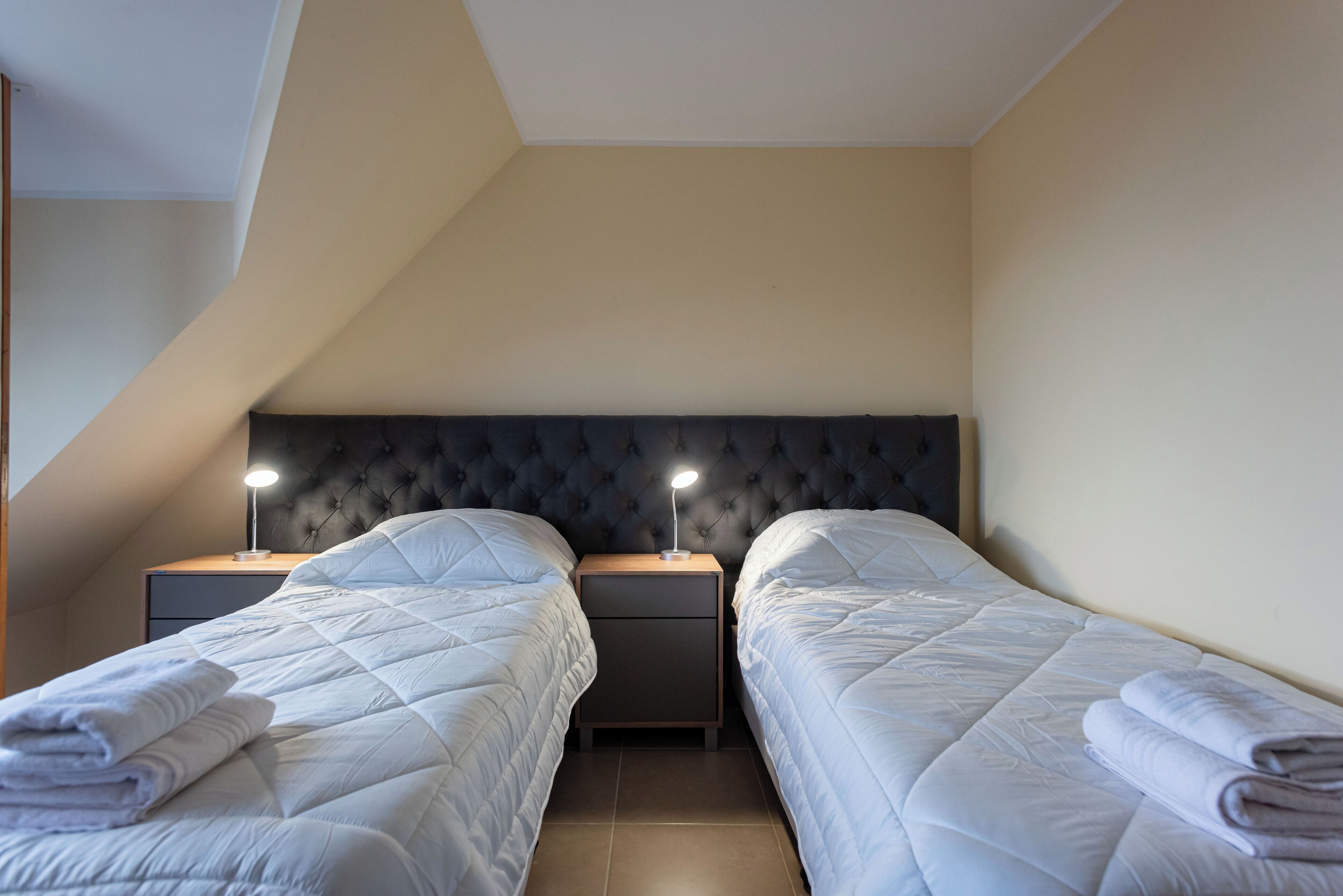 Une chambre double avec deux lits, une tête de lit sombre, une table de chevet avec une lampe et un petit tiroir.
