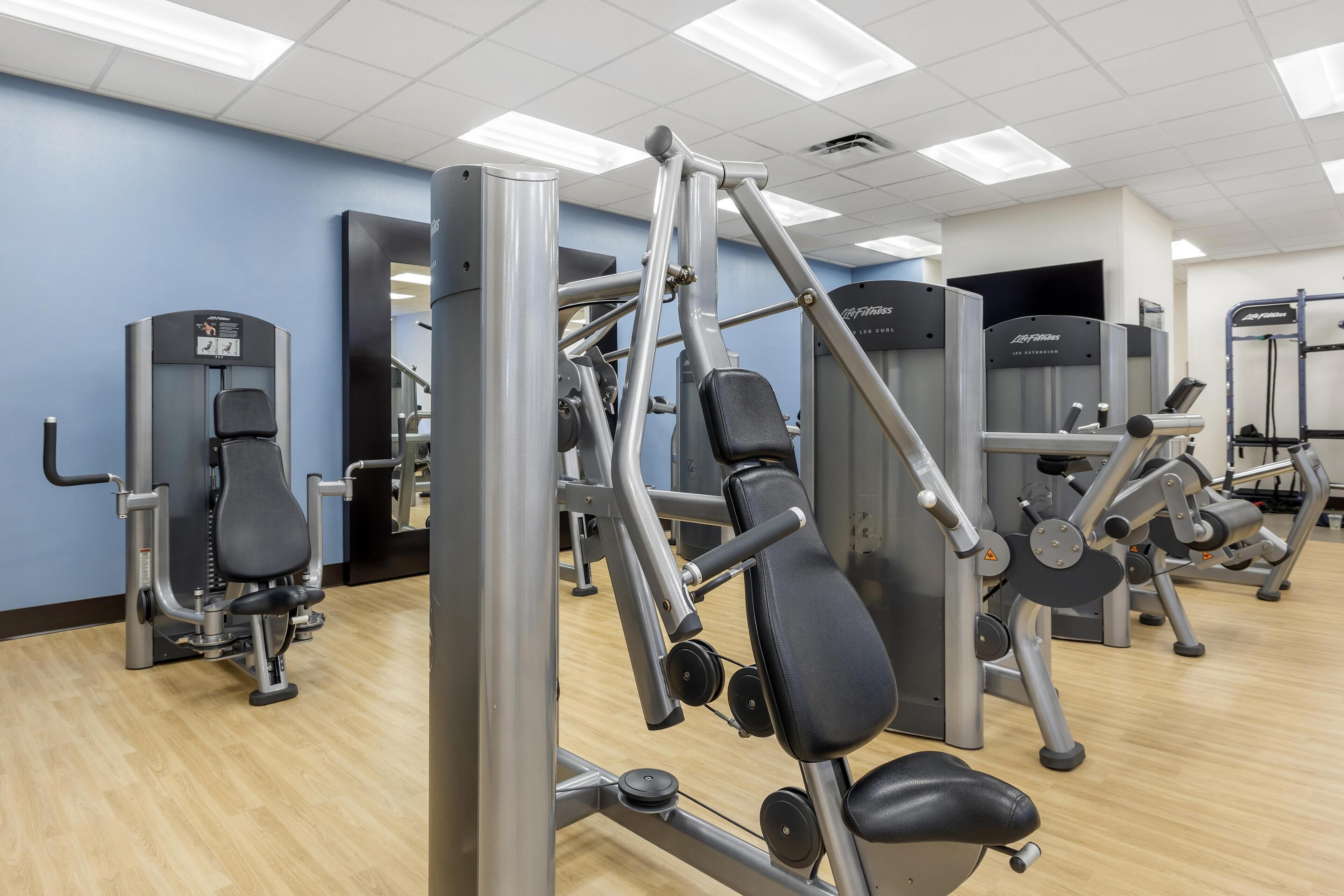 A gym with various exercise machines, including weight machines and cardio equipment.