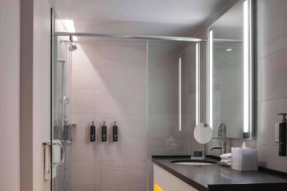 Een moderne badkamer met een douche met glazen wand, een wastafel met spiegel en toiletartikelen aan de wand.