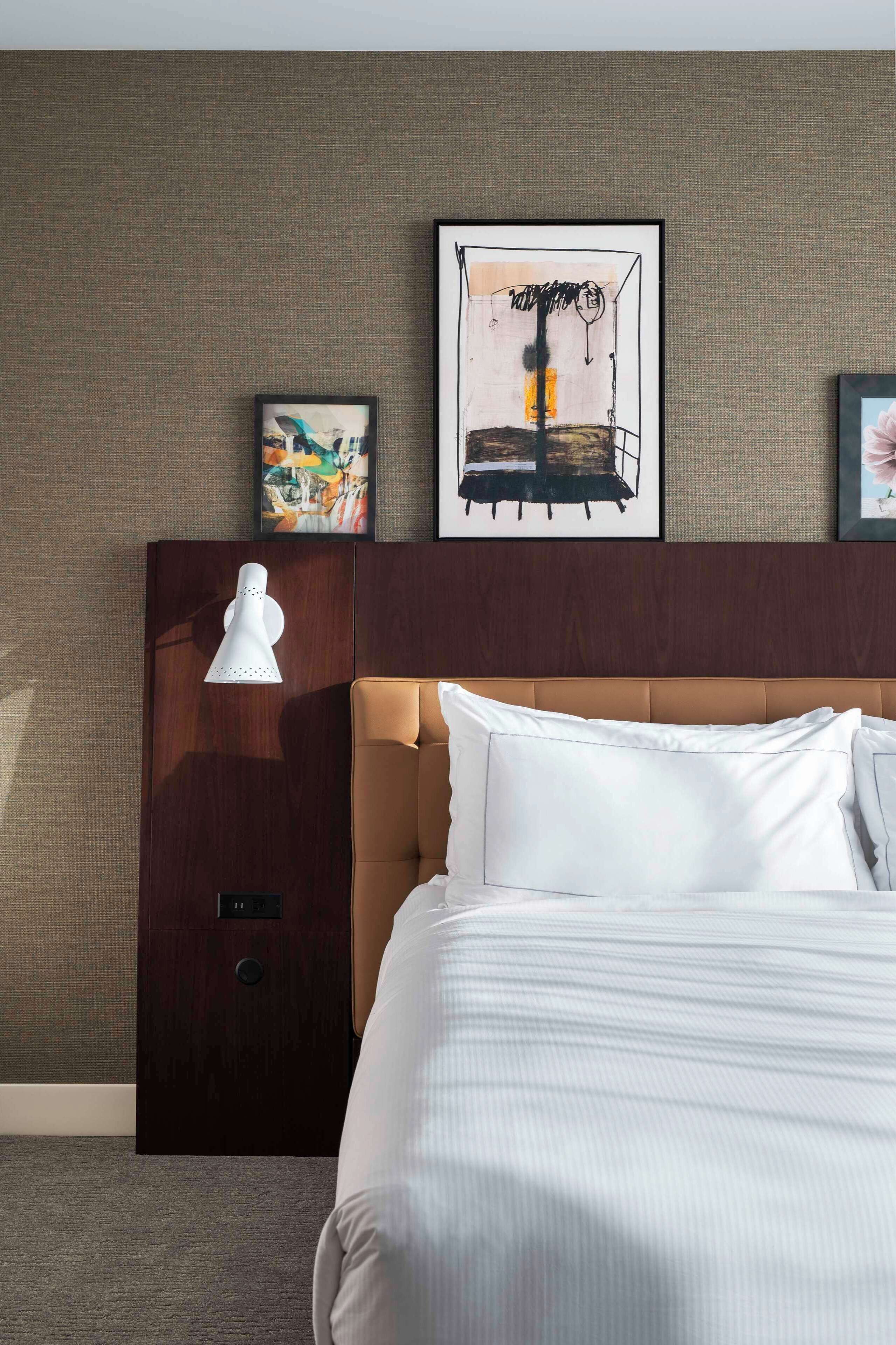 Frette Italian sheets, premium bedding, desk, laptop workspace