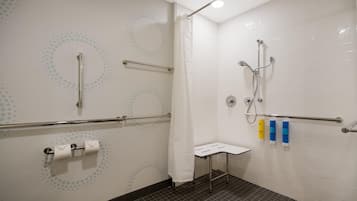A bathroom with a toilet, a shower with a handheld showerhead, grab bars, and a small step stool.