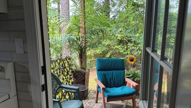 A covered patio with a wooden pergola, a blue cushioned chair, and a small table.