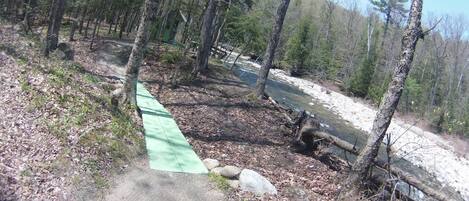 A forested area with a concrete path and a green mat, surrounded by trees and a small stream.
