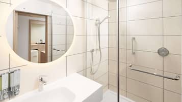 Shower, rainfall showerhead, eco-friendly toiletries, hair dryer
