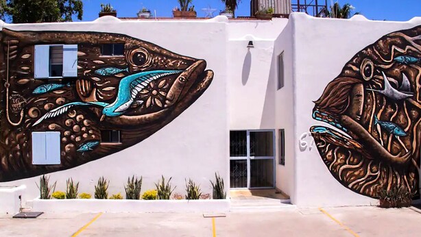 A building with a unique fish mural design on its exterior walls. - Villa Esterito (La Paz)