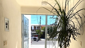 A hallway with a potted plant, a metal gate leading outside, and a tiled floor. - Villa Esterito (La Paz)