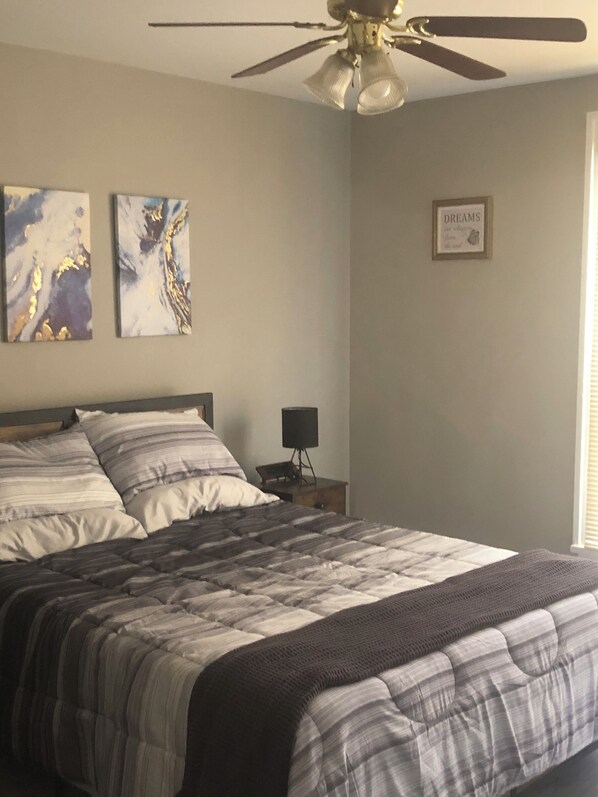 1 bedroom, desk, iron/ironing board, travel cot