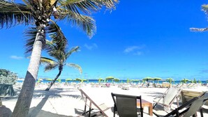 A beach with palm trees, sun loungers, and umbrellas.