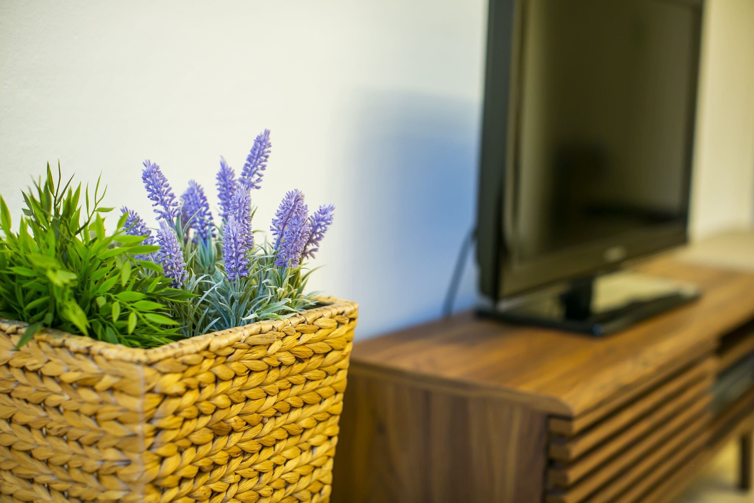 A woven basket with lavender plants on a wooden surface next to a television.