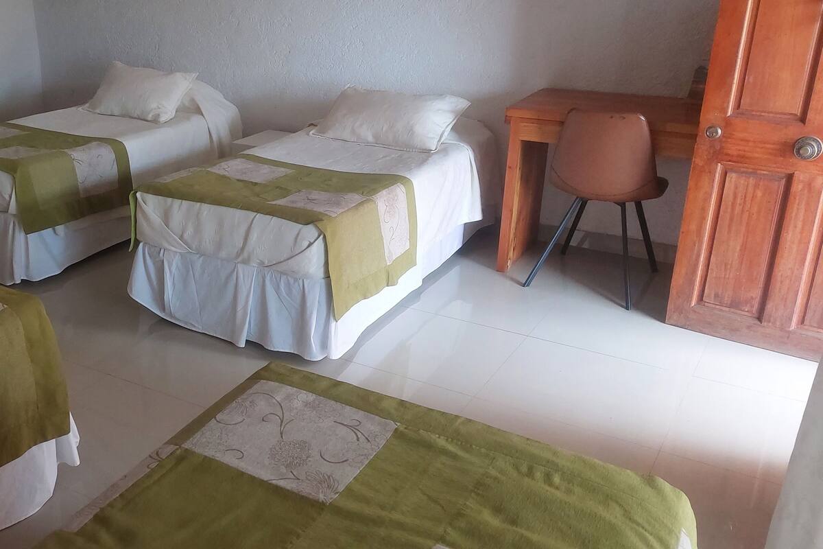 A room with three beds, each with a green and white bedspread, a wooden desk, and a chair.