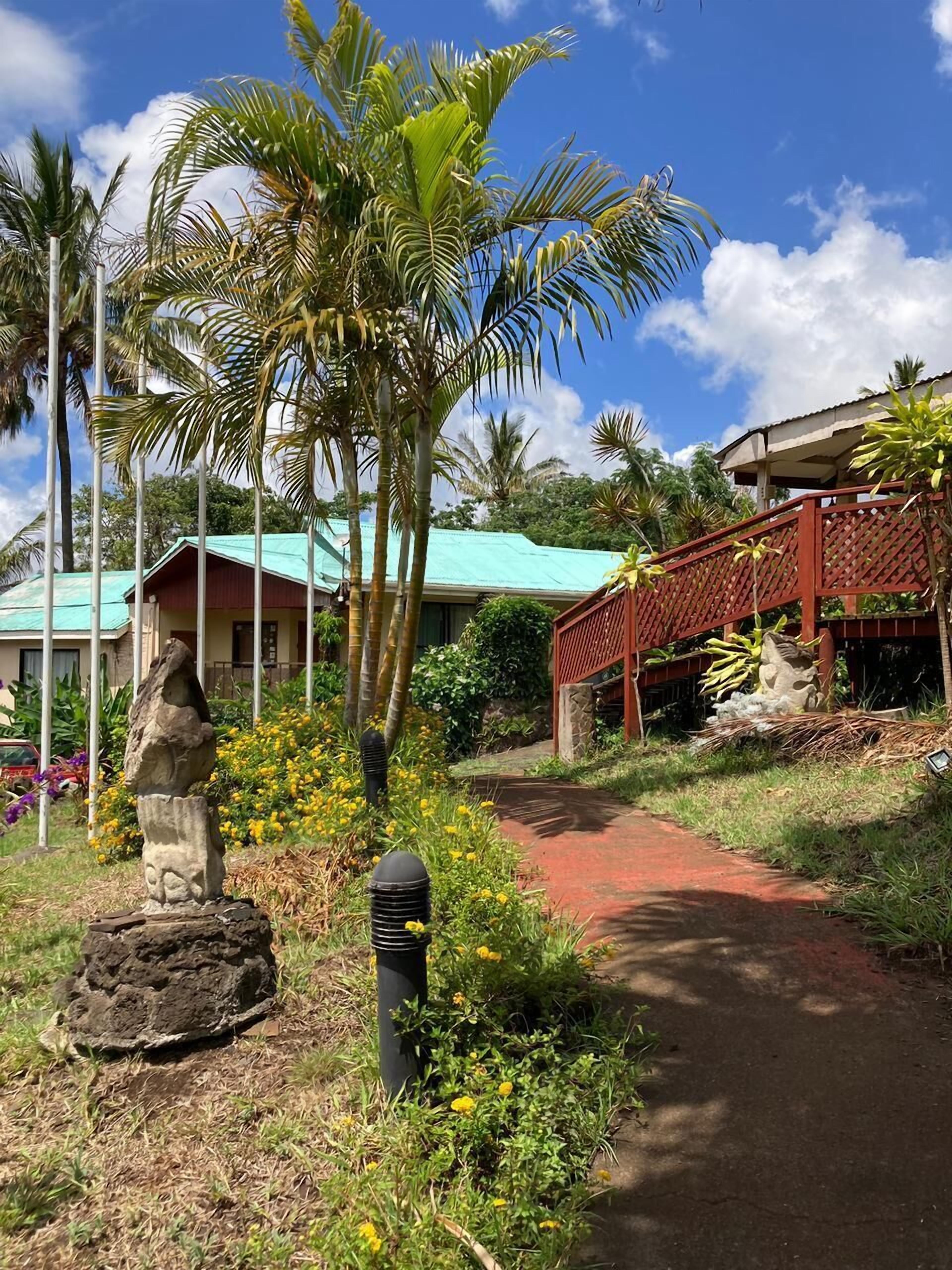Un sendero conduce a un edificio con techo verde, rodeado de palmeras y plantas tropicales.