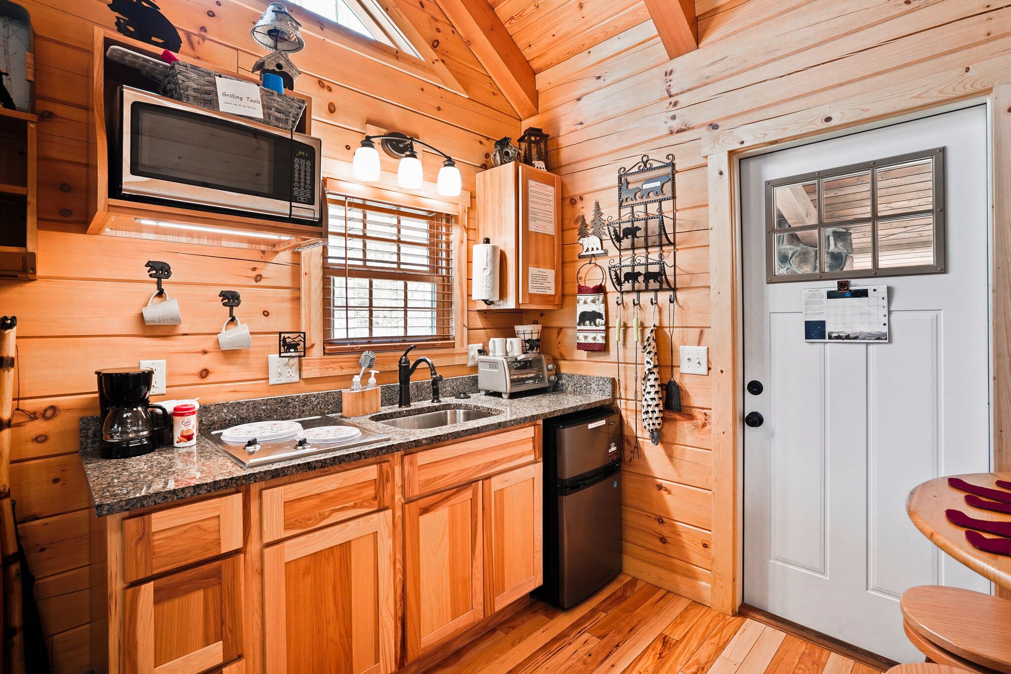 Fridge, microwave, coffee/tea maker, toaster