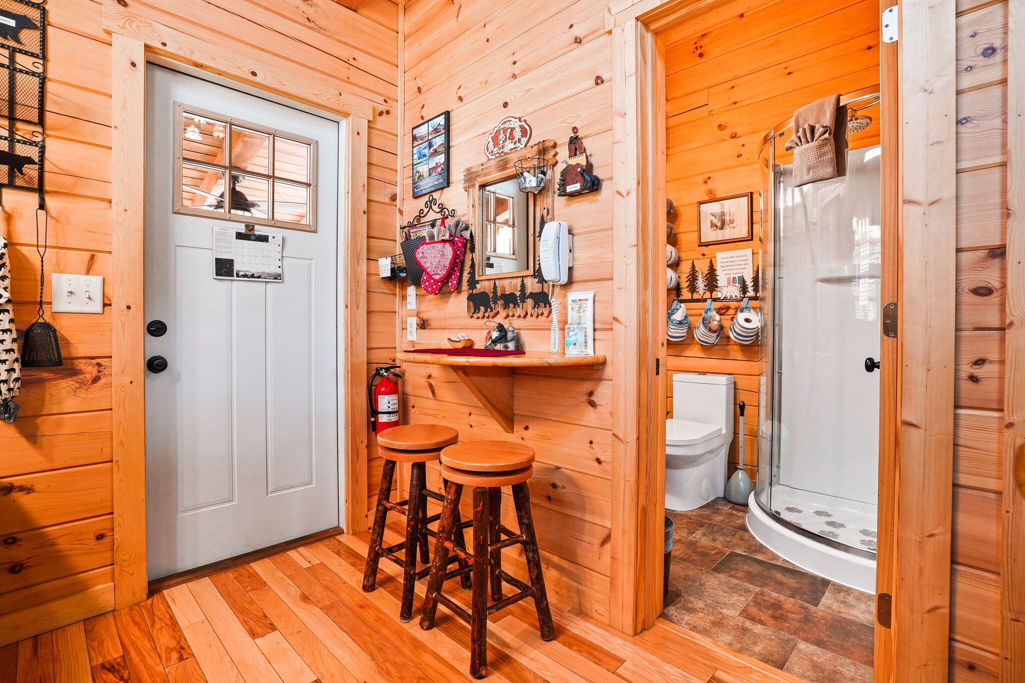 Shower, towels, soap, toilet paper