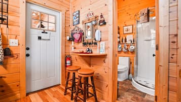 Shower, towels, soap, toilet paper