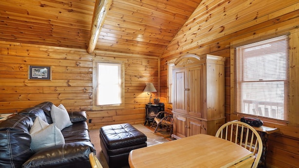 A cozy cabin interior with a leather sofa, a wooden dining table, and a fireplace.