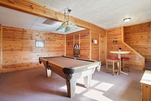 Une pièce aux murs lambrés, avec une table de billard, un luminaire suspendu et un panneau indiquant «
Il est interdit de fumer
».