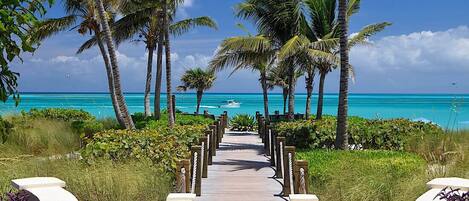 On the beach, sun-loungers, beach towels