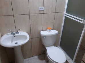 Un baño con lavabo, inodoro y ducha.