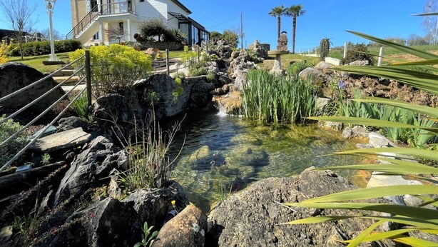 Une maison située près d’un ruisseau limpide, entourée de rochers et de plantes.