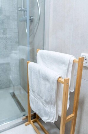 Dusche, Haartrockner, Handtücher, Toilettenpapier