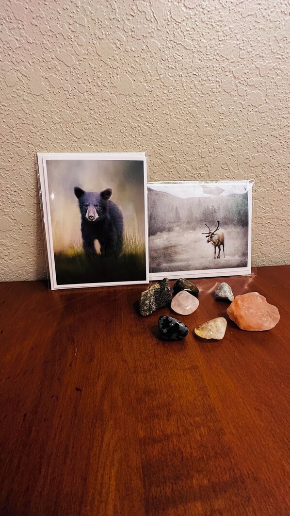 Deux photographies encadrées représentant un ours et un cerf, posées sur une table en bois avec des rochers.