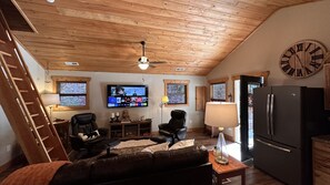 Smart TV, caminetto, lettore DVD, libri