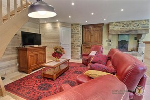 Televisión, chimenea, libros