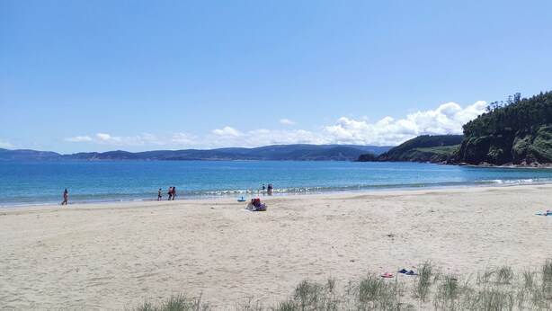 Une plage de sable bordée d’une mer d’un bleu limpide, quelques personnes qui se promènent et, au premier plan, une zone herbeuse.