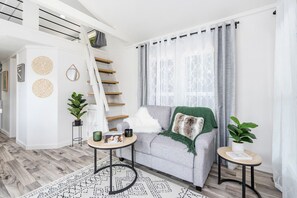 Smart TV, chimenea, libros y biblioteca musical 
