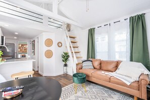 Smart TV, fireplace, books