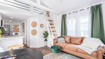 Smart TV, fireplace, books