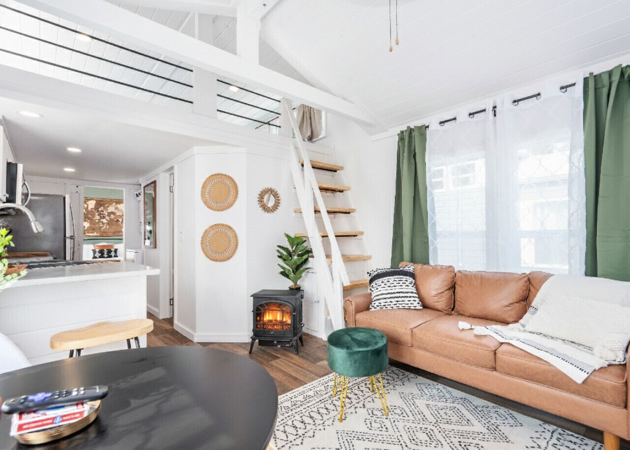 Smart TV, chimenea y libros 