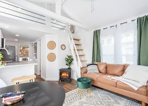 TV connectée, cheminée, livres