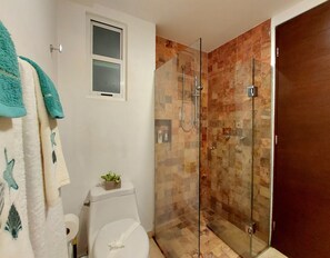 Shower, hair dryer, towels, soap