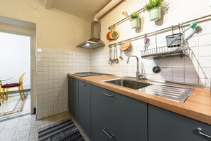 Fridge, stovetop, dishwasher, coffee/tea maker