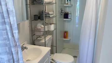 Shower, hair dryer, towels, soap
