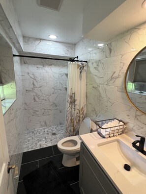 Shower, towels, soap, toilet paper