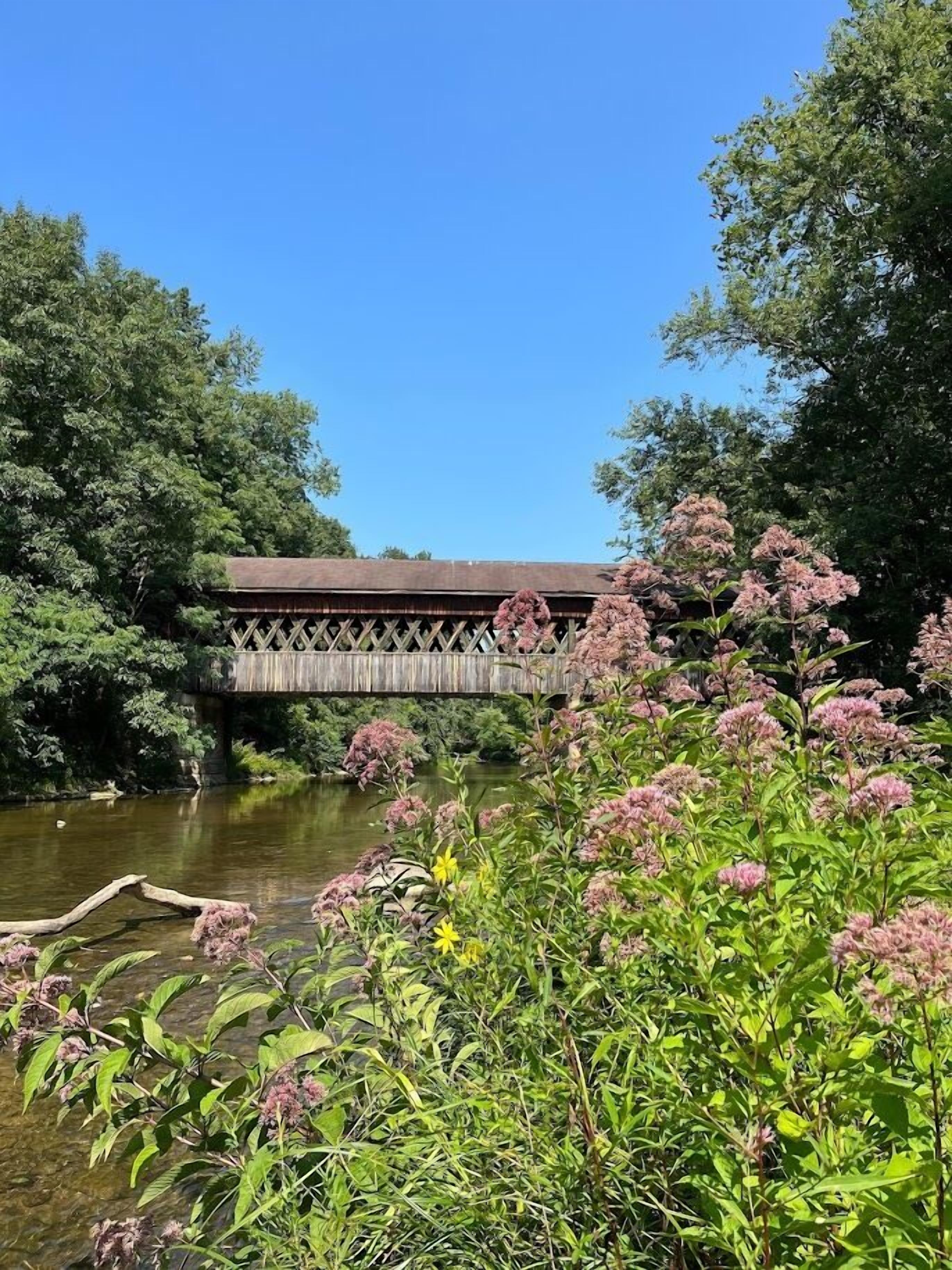 A covered bridge over a calm river, surrounded by lush greenery and flowering plants.