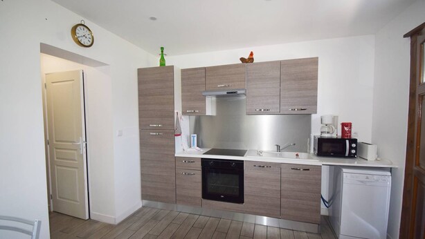 A modern kitchen with wooden cabinets, a stainless steel sink, a microwave, and a dishwasher. - Appartement à Caudecoste, proche d'Agen (CAUDECOSTE)
