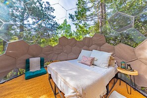 A cozy room with a bed, a small table, and a view of trees through a geometric window.
