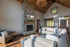 TV, fireplace, video library