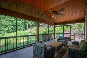 Terrace/patio - Mountaintop Ridge | Near Asheville with Pool, Fire Pit, and Ranging Views (Fairview)