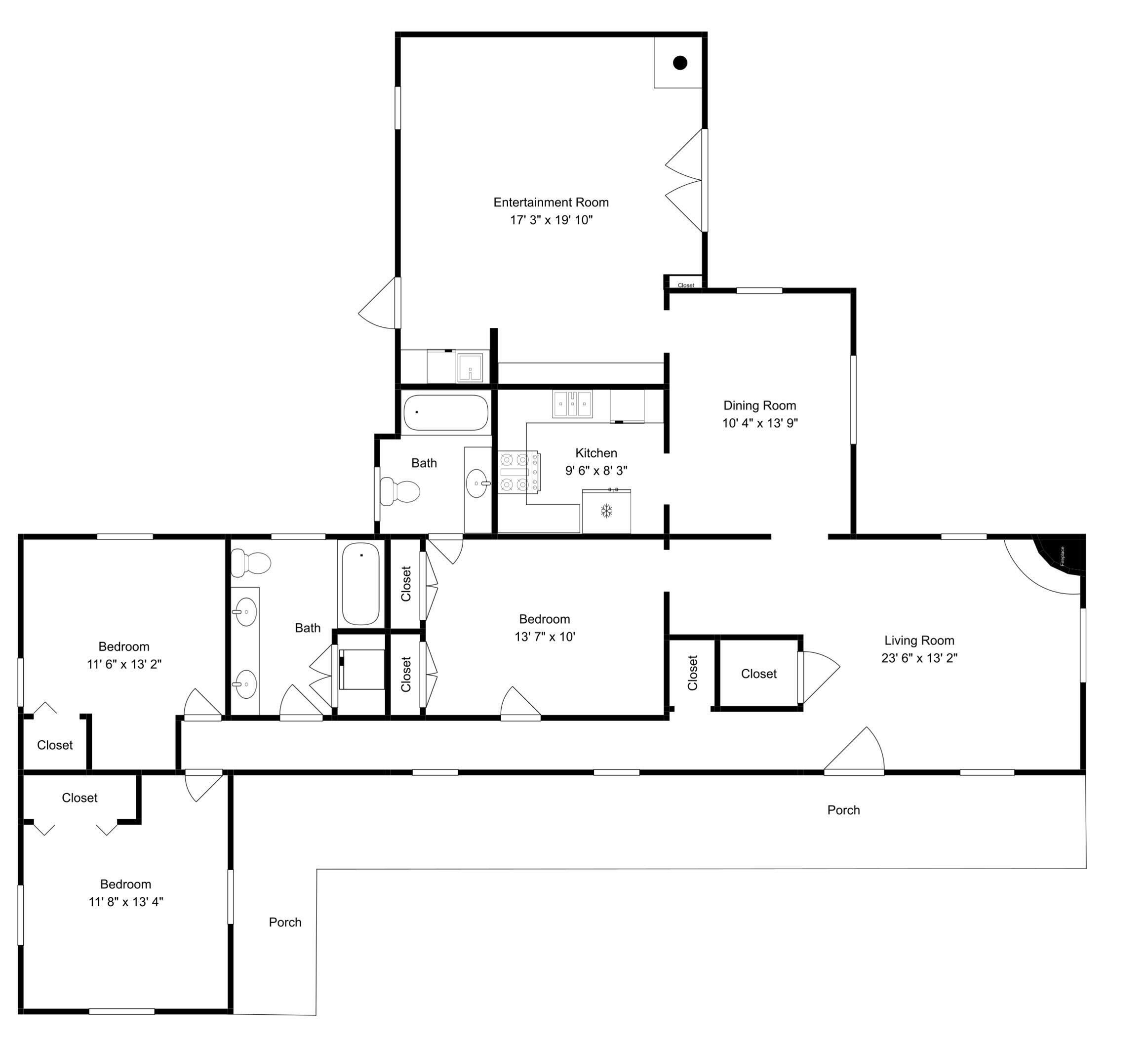 Planta baixa mostrando uma sala de jantar, cozinha, sala de entretenimento, sala de estar, dois quartos, dois banheiros e um alpendre.