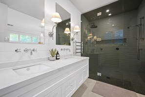 Hair dryer, towels, soap, shampoo