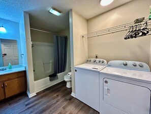 Hair dryer, towels, soap, shampoo