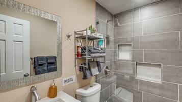 Shower, hair dryer, towels