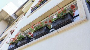 A building with multiple balconies, each with black planters containing red flowers. - Villa Vinicia 1 Deluxe Apartment (Luxembourg)