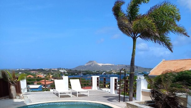 A clear blue swimming pool with white lounge chairs, a palm tree, and a view of houses and mountains in the background. - Apartment, with pool near Jan Thiel Beach! 
 (Willemstad)